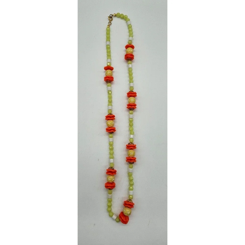 Vibrant‎ Beaded Necklace Orange Yellow Green White Statement Chunky Boho